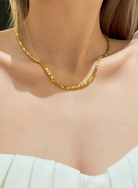 钛钢项链 镀18K金小方糖项链女轻奢小众设计高级感蹦迪珠锁骨链子