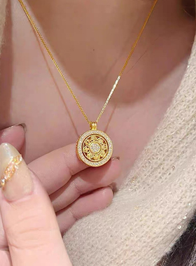 铜合金项链 八宝罗盘项链女精致六字真言太阳花可旋转锁骨链配饰