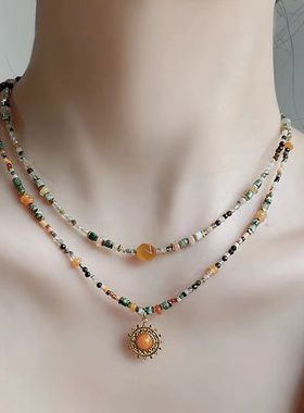 钛钢项链 新中式国风彩色串珠项链女叠戴锁骨链夏度假旅游配饰