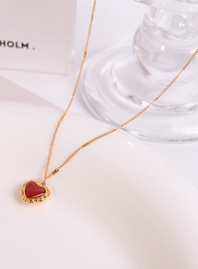 钛钢项链 复古红色爱心项链女小众气质简约不掉色锁骨链百搭饰品
