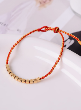 钛钢手链 小方糖编织手链女镀18K金红绳细手绳新年手串简约配饰