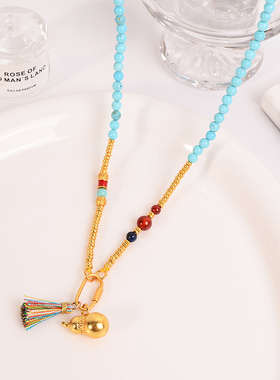 铜合金项链 新中式精品气质福禄葫芦项链女蓝色轻奢串珠衣服配饰