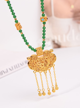 铜合金项链 天子门生锁包项链女新中式绿色龙凤呈祥花丝流苏配饰