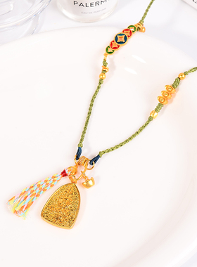 铜合金项链 新中式三角黄财神项链女编绳钱币毛衣链高级感配饰品