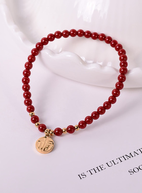 钛钢手链 红色新年串珠福牌手链女轻奢小众精致2024年新款手饰品