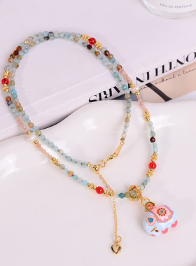 铜合金项链 珐琅双面大象项链女串珠高级感时尚复古锁骨链新中式