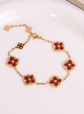 钛钢手链 气质红色四叶花手链女轻奢小众精致手环复古手饰不褪色