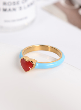 钛钢戒指 红色爱心戒指女珐琅滴釉高级感轻奢百搭时尚指环不褪色