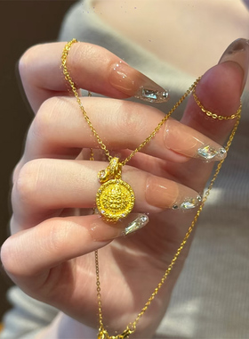 铜合金项链 黄财神圆牌项链女精致轻奢新中式锁骨链配饰送人礼物