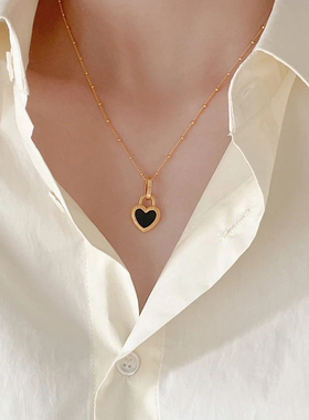 钛钢项链 经典黑白双面戴爱心项链女高级感小众设计百搭锁骨链