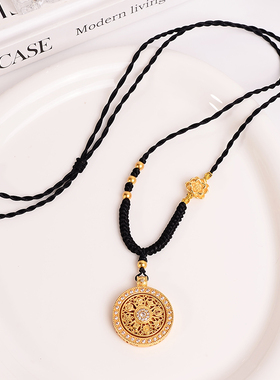 铜合金项链 新中式编织黑绳可转动八宝罗盘项链女百搭毛衣链饰品