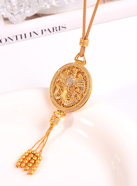 铜合金项链 新中式闪闪花丝凤凰香囊项链女编绳长款毛衣链配饰