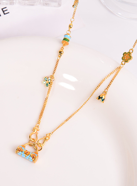 铜合金项链 新中式珐琅工艺高货同心锁包项链女小花锁骨链首饰品