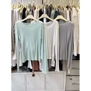 韩系木耳边圆领莫代尔棉长袖T恤女薄荷绿微透轻薄叠穿显瘦打底衫