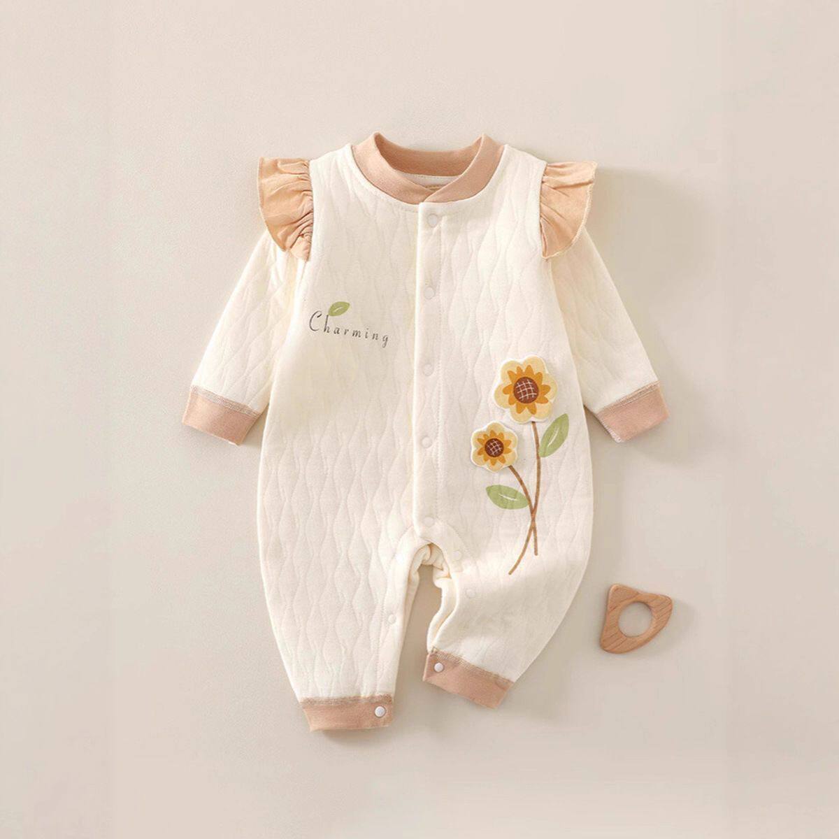 婴儿连体衣秋冬款三层保暖外出服夹棉打底内衣宝宝薄棉衣服秋飞袖