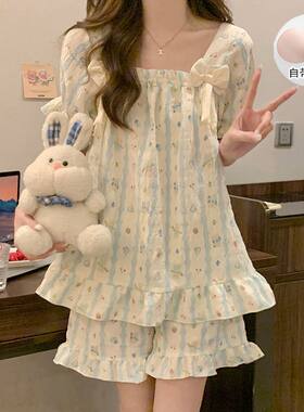云朵棉睡衣女夏季带胸垫短袖短裤韩版甜美公主风家居服套装可外穿