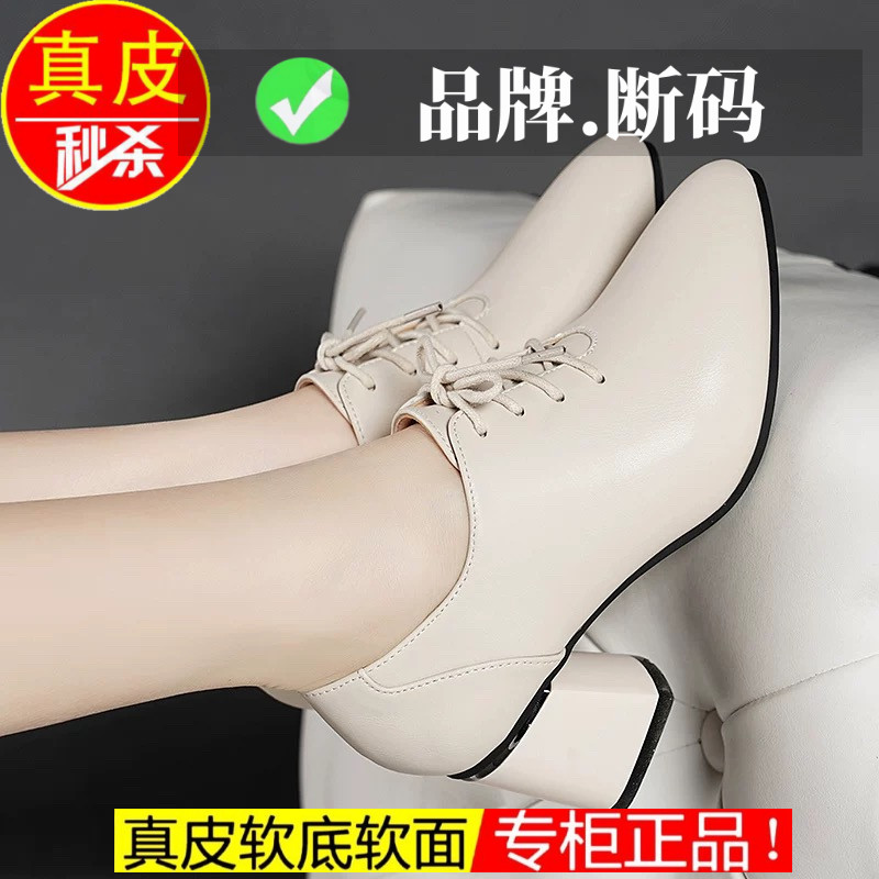 2025春秋季新款高跟真皮深口尖头百搭女单鞋系带粗跟皮鞋女