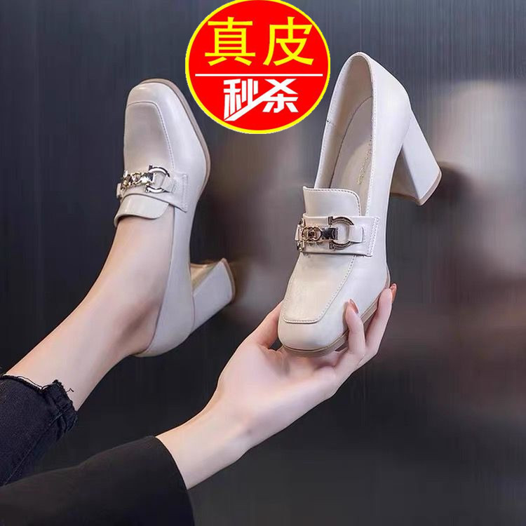 品牌真皮高跟鞋女2022年新款春季粗跟中跟方头小皮鞋英伦风单鞋