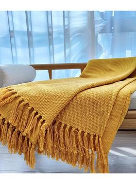 北欧风黄色针织毯客栈民宿床尾巾床旗床盖毯床尾毯沙发搭毯巾