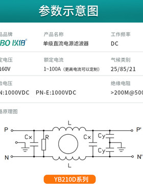 12V24V36V48V220VDC以伯EMI直流电源滤波器YB210D-1A3A5A6A10A20A