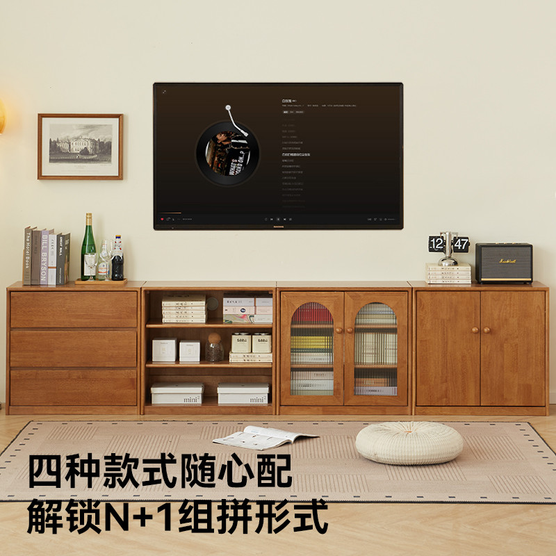 实木书柜矮柜家用落地靠墙组合柜电视柜玻璃门展示柜客厅储物柜子