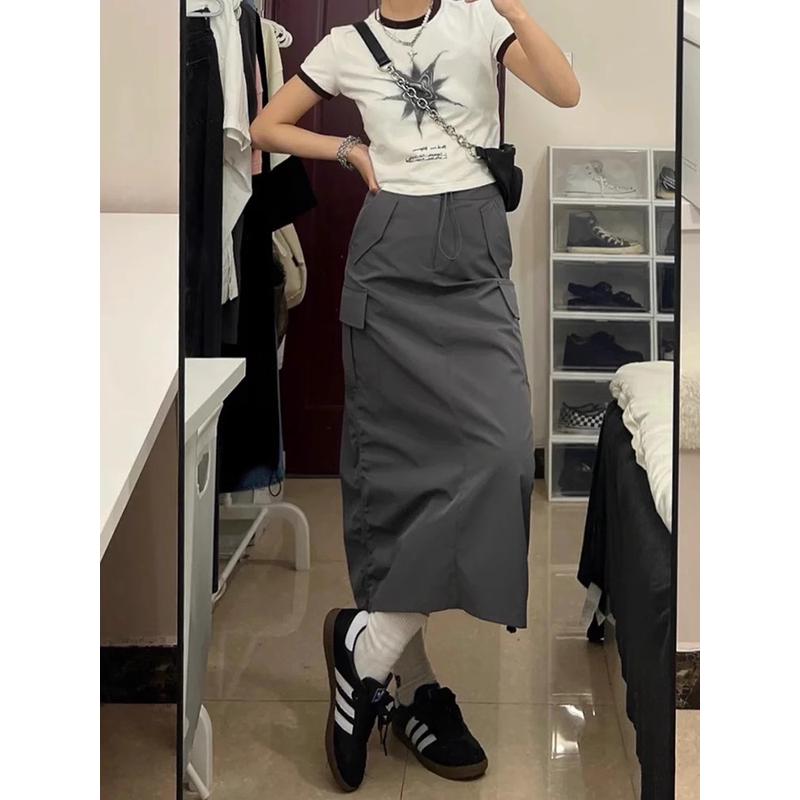 遮肚子遮胯夏季新款美式灰色工装裙大码胖妹妹显瘦