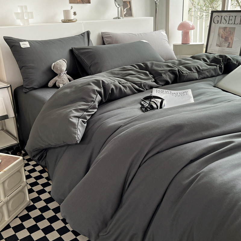 纯色四件套ins风磨毛套件学生宿舍三件套双拼被套床笠床单批发