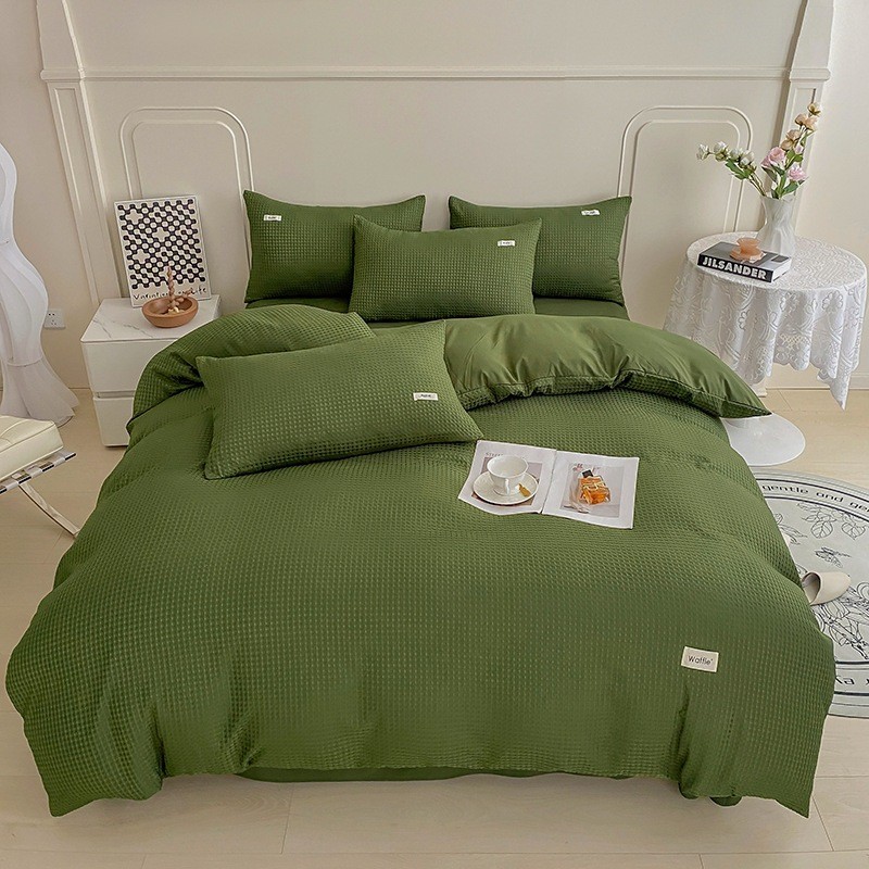 ins风四季款水洗棉四件套纯色华夫格被套床笠床单枕套母婴级亲肤