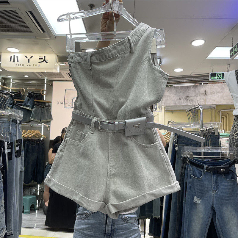 [搭配腰带]2025春款斜肩露肩牛仔显瘦连体牛仔女