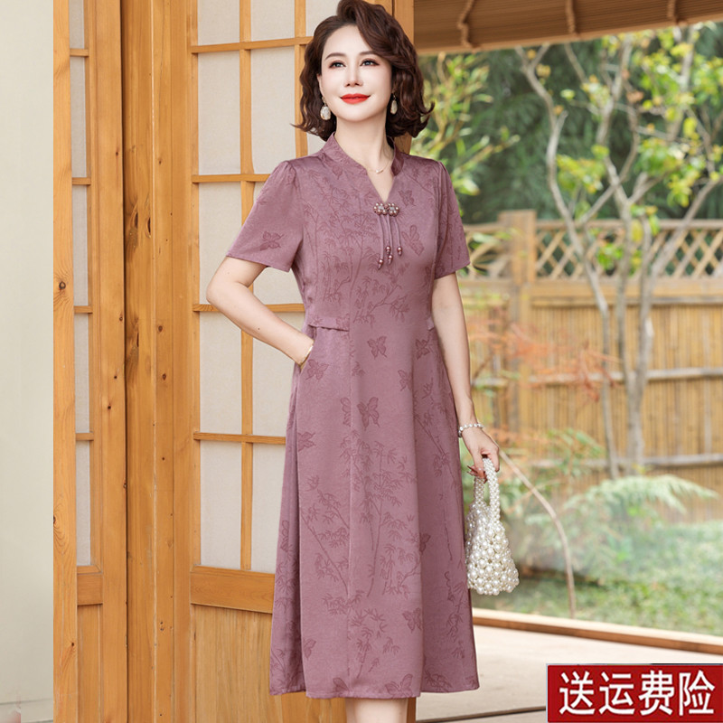 妈妈高贵新中式遮肚显瘦中年女夏装大码中长款雪纺