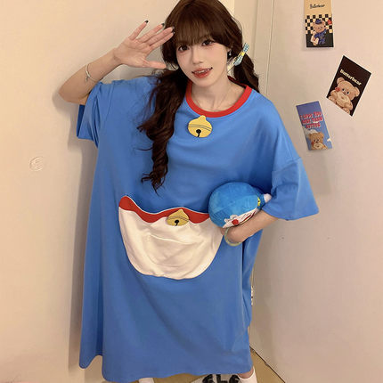 现货哆啦A梦睡衣女夏季纯棉短袖2025新款可爱加肥大码300斤睡裙家