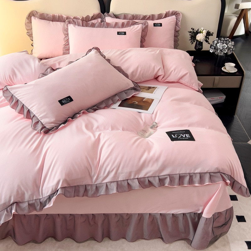 韩版公主风四件套纯色蕾丝花边亲肤水洗被套亲肤磨毛床单四季通用
