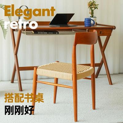 樱桃木牛皮绳编实木餐椅复古中古风咖啡店椅子简约家用靠背椅藤编