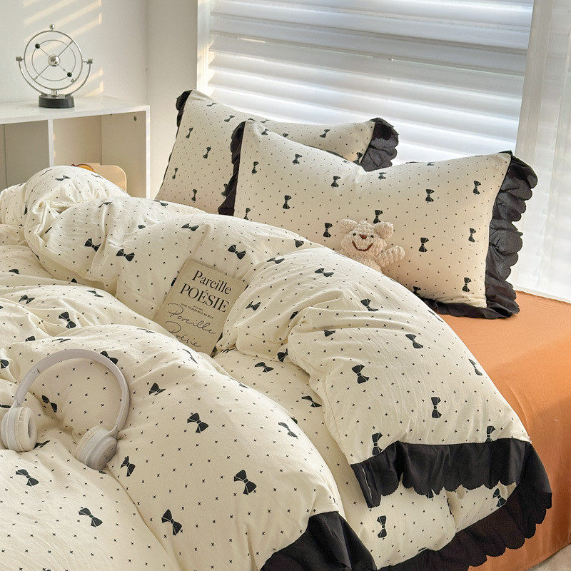 批发ins韩系亲肤水洗棉褶皱泡泡碎花花边四件套公主风田园棉4件套