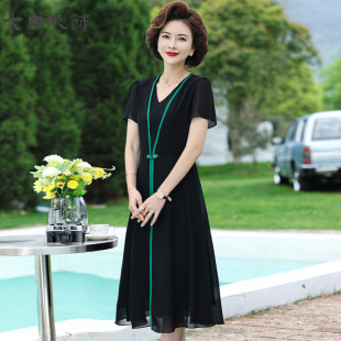短袖 高货妈妈夏装 中老年女人夏季 连衣裙洋气质2025新款 旗袍长 时尚