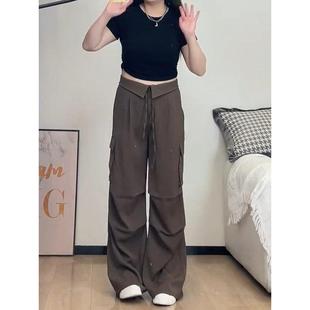 大码胖mm梨型身材棕色休闲百搭遮肚子遮胯显瘦翻边阔腿工装裤