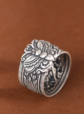 适用足银戒指复古做旧宽版扳指开口食指指环浮雕蝴蝶民族风银饰品