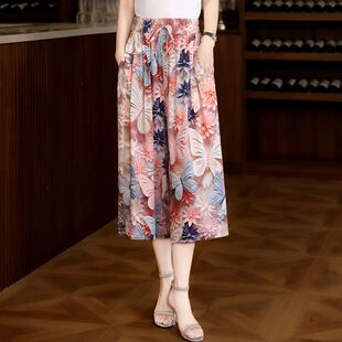 女大码 棉绸阔腿裤 宽松七分裤 中年妈妈裙裤 夏季 薄款 新款