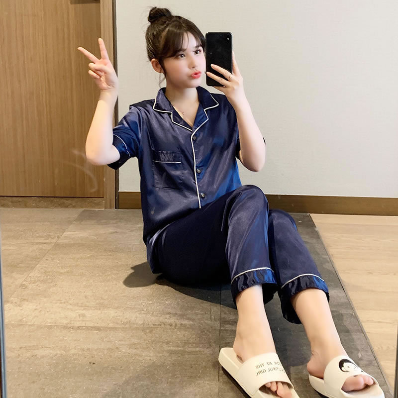 新品纯色睡衣女春夏季冰丝薄款短袖长裤开衫丝绸2025年新款家居服