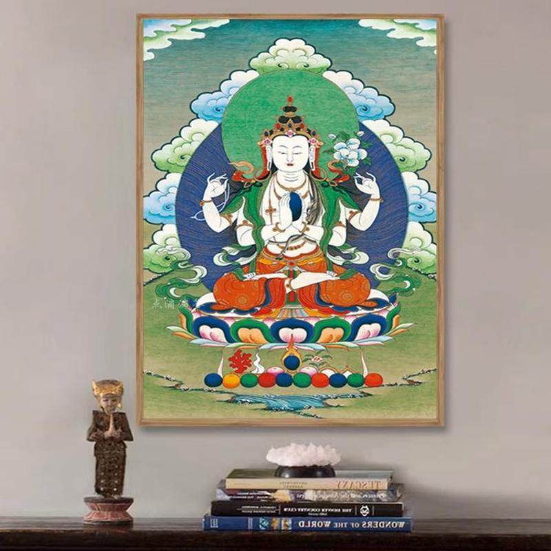 适用新款唐卡钻石画四臂观音画像观音菩萨佛像玄关客厅手工贴钻十