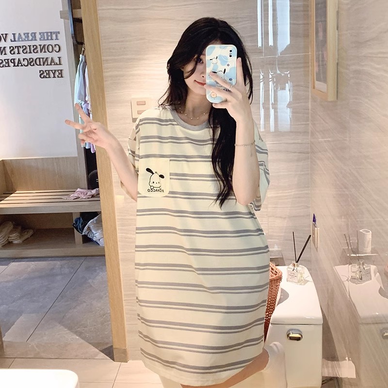新品睡裙女款2025新款夏季甜美可爱条纹短袖睡衣夏天中长款裙子家