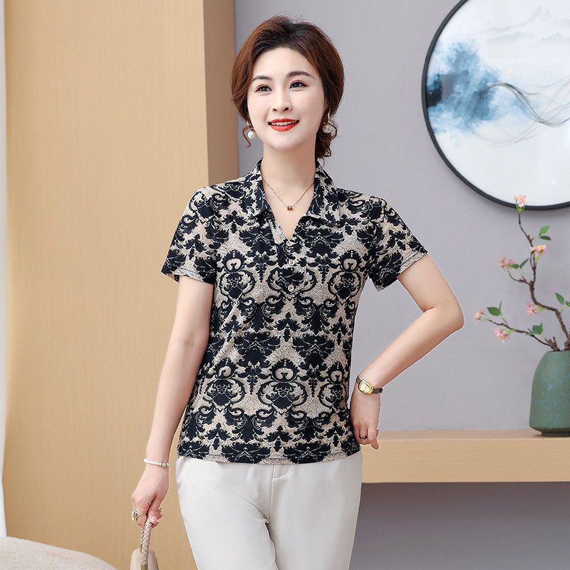 新品夏季新款中老年女装翻领短袖t恤衫女休闲有领上衣洋气妈妈装