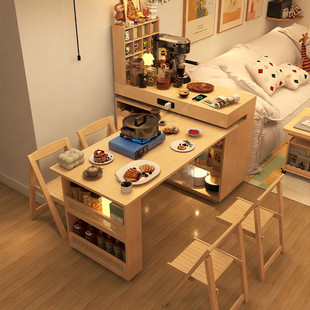 形影家具旋转岛台餐桌一体可折叠餐边柜小户型家用原木风吧台桌子