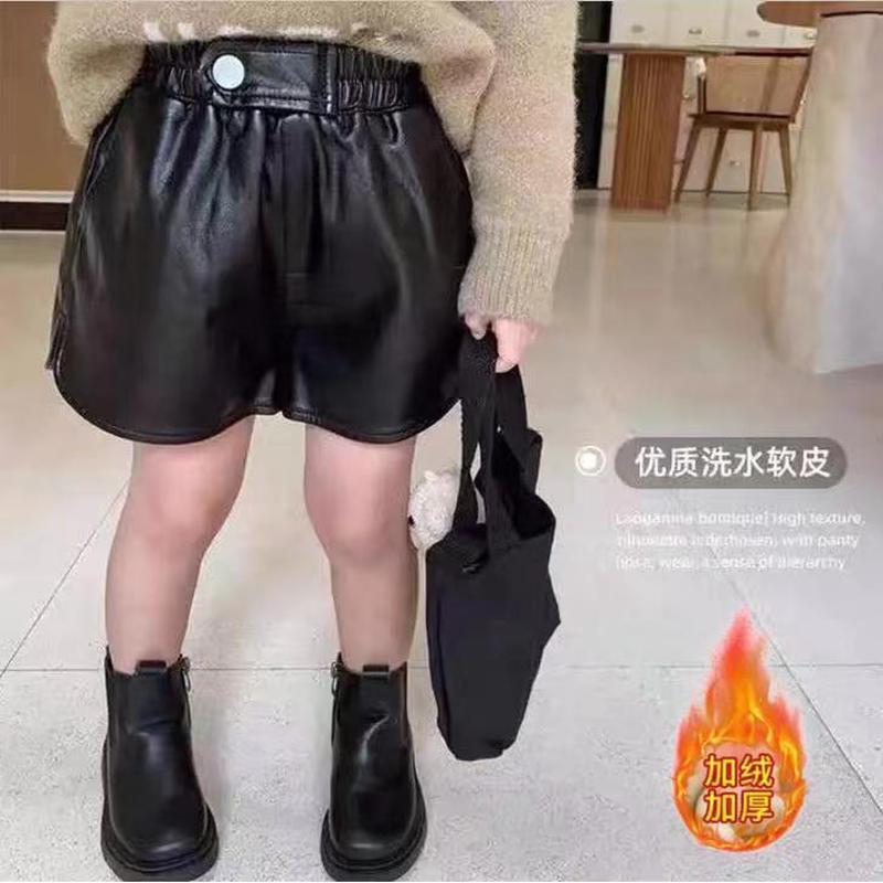 韩版时尚女童皮短裤冬季新款童装时尚洋气女宝宝加绒外穿裤子