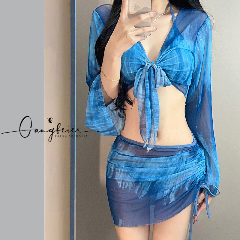 比基尼四件套泳衣女分体2025新款长袖防晒罩衫保守遮肉显瘦游泳装