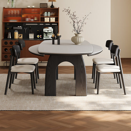 法式复古风可伸缩实木岩板餐桌椅