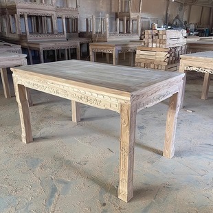 全实木长方形餐桌家用原木中式饭店老榆木家具白坯吃饭桌