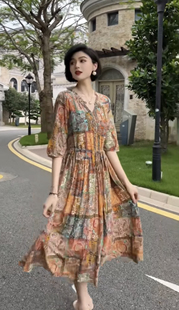 欧洲站2024夏季新款女裙欧货YR洋气减龄桑蚕丝印花收腰显瘦连衣裙