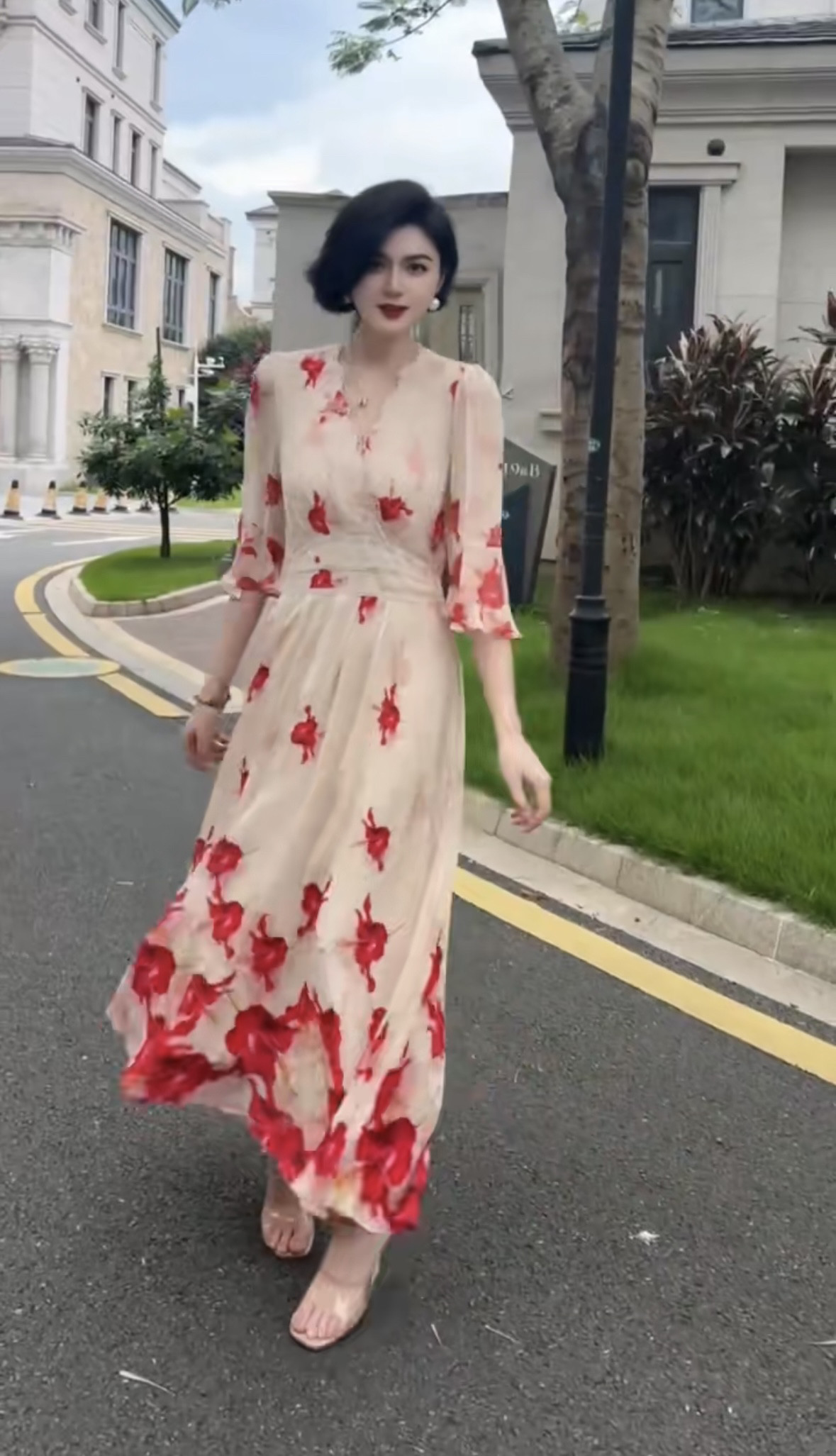 欧洲站2024春夏新款女裙欧货YR洋气减龄桑蚕丝印花收腰显瘦连衣裙