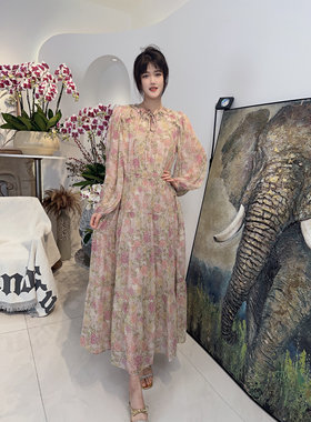 欧洲站2024春夏新款女裙欧货YR洋气减龄桑蚕丝印花收腰显瘦连衣裙